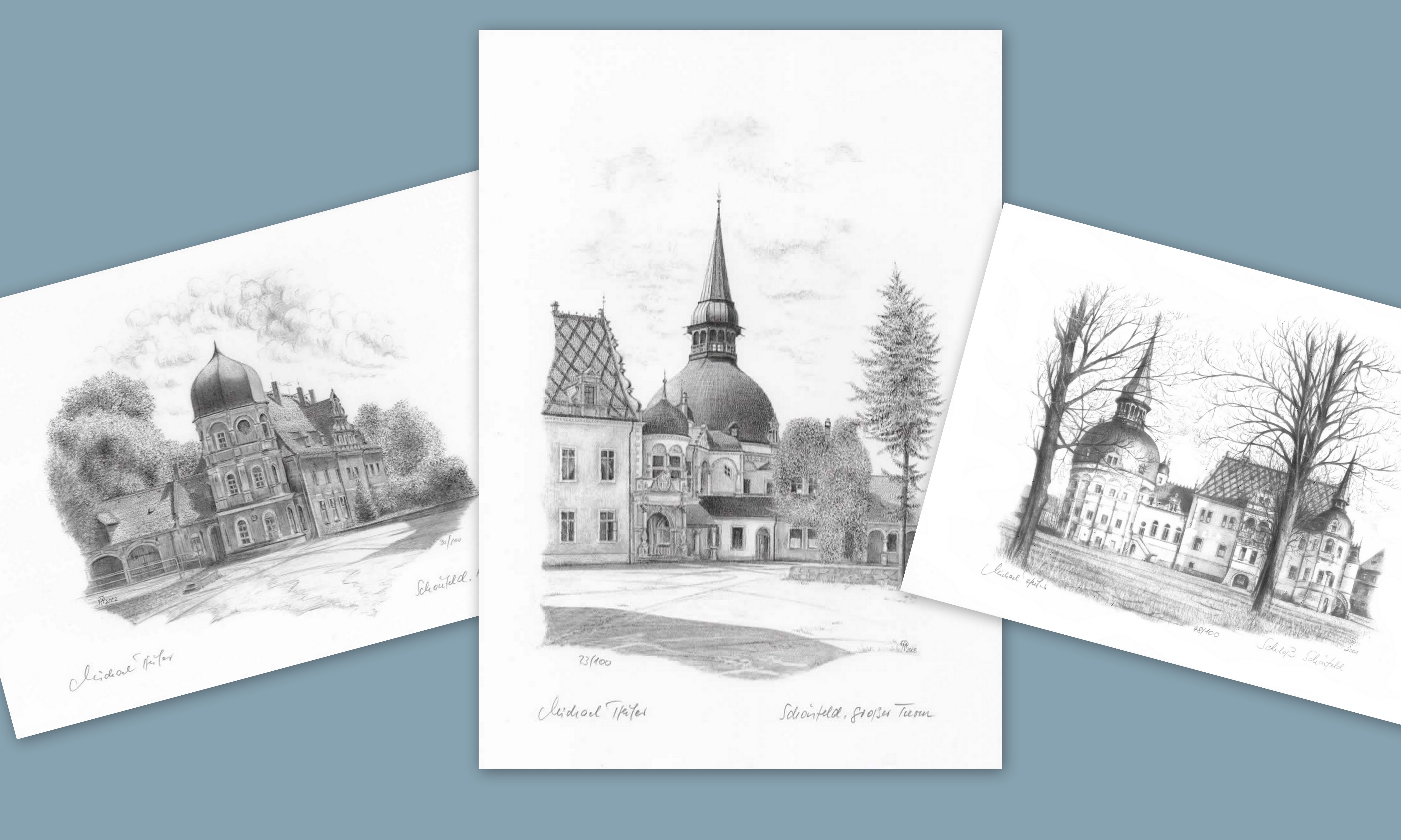 Bilder von Schloss Schönfeld, gezeichnet von Michael Pfeifer